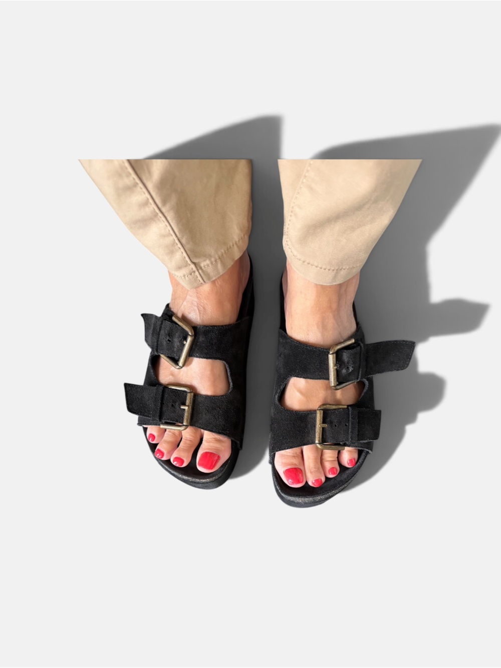 INTENTIONALLY BLANK Black Suede Double-Buckle Slide Sandals